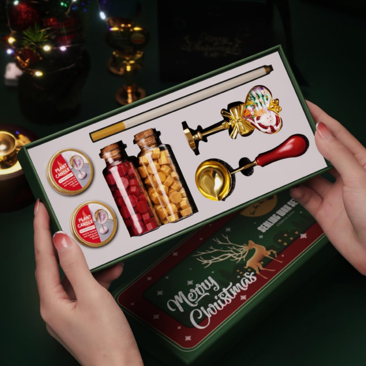 Kit de sellos de cera navideños, Atopbb sello de cera de Santa Claus del Polo Norte oficial con caja de regalo navideña, juego de sellos de cera navideños con 2 botellas de perlas de sello de cera (2A