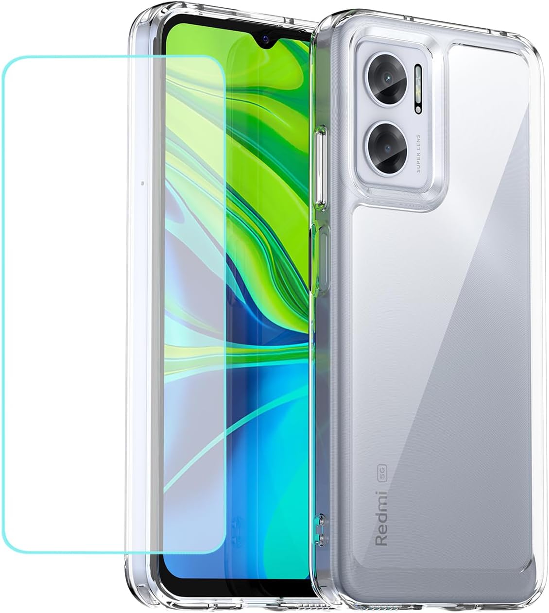 Case for Redmi 10 5G Case, Redmi Note 11E 5G Case with Tempered Glass Screen Protector, Clear Hard PC Back & Soft TPU Bumper Protective Phone Cover for Xiaomi Redmi 10 5G Crystal Clear