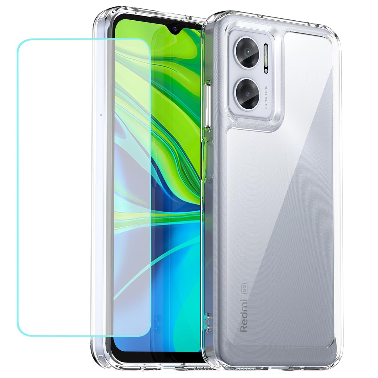 Case for Redmi 10 5G Case, Redmi Note 11E 5G Case with Tempered Glass Screen Protector, Clear Hard PC Back & Soft TPU Bumper Protective Phone Cover for Xiaomi Redmi 10 5G Crystal Clear