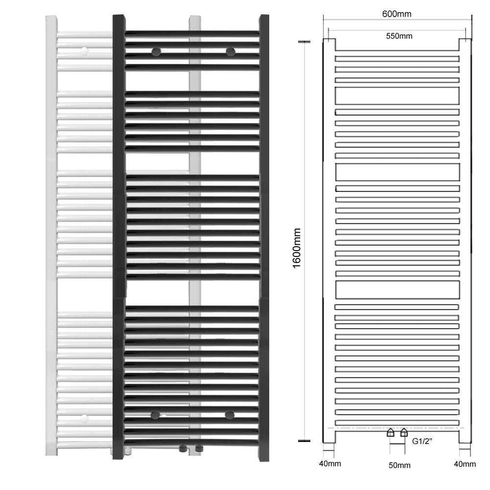radiador de baño 600 x 1600mm Antracita conexión Central radiador Calentador de Toallas secador de Toallas