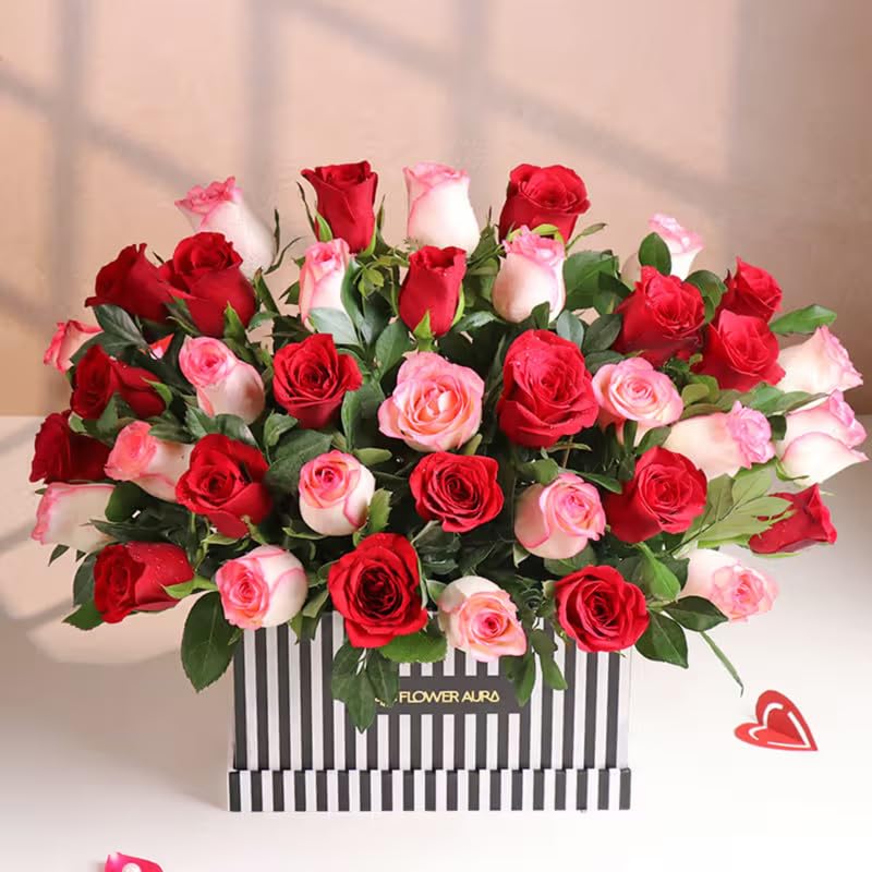 FlowerAura Fresh Live Premium Flower Bouquet of 40 Red & Pink Roses In Box For Birthday & Anniversary Gift, Wedding Gift, Mother's Day Gift, Love & Romance Gift, Father's Day Gift (Same Day Delivery)-image-17