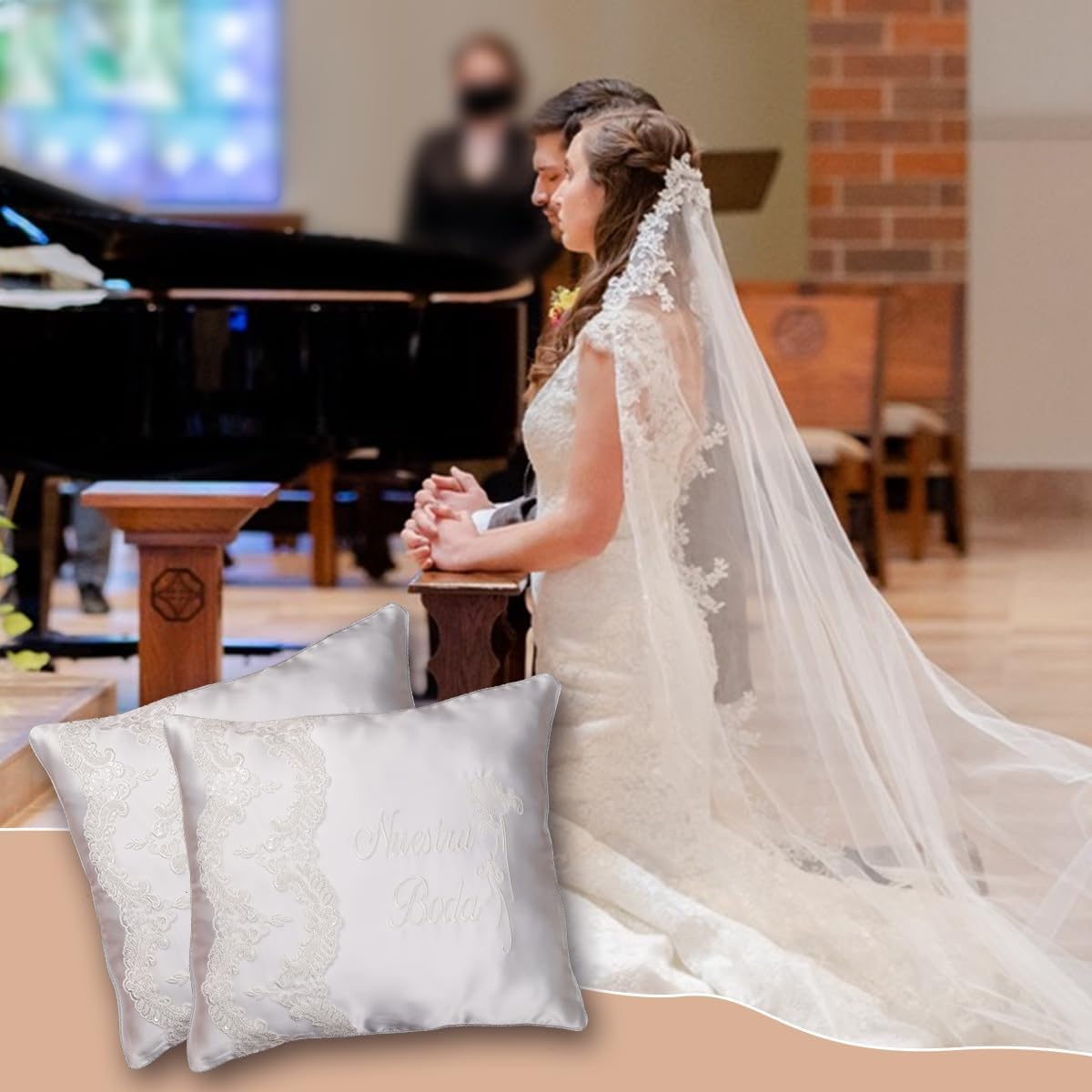 White Wedding Kneeling Pillow Cover Set of 2, 17 x 15 Premium Satin & Lace, Embroidered Nuestra Boda Kneeling Pillows,Cojines para Boda para Arrodillarse (Fundas)