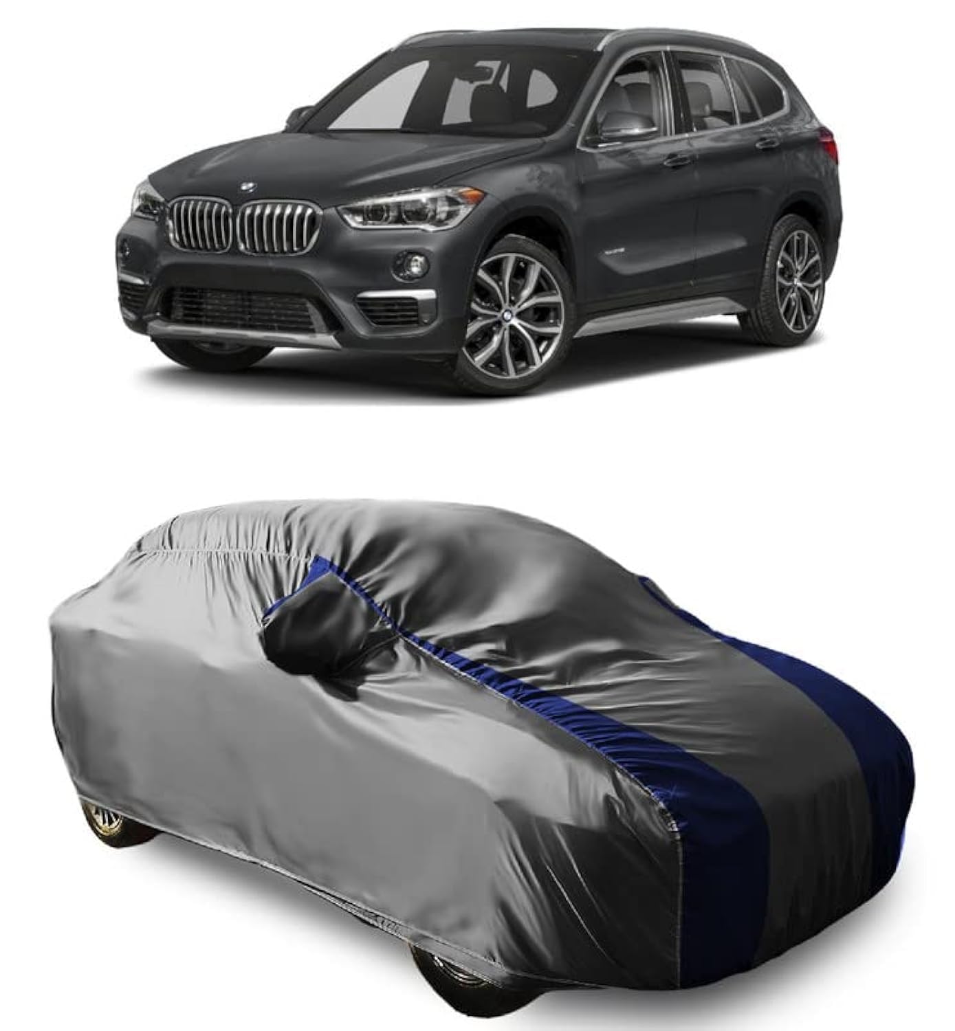 Presents Semi-Waterproof Heavy Duty Car Body Cover with Mirror Compatible with BMW X1 All Variants (Grey and Blue).|Car Accessories