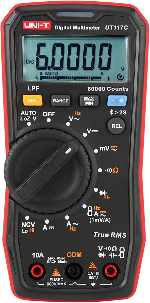 Multímetro digital UNI-T UT117C 60000 recuentos valores eficaces verdaderos Bluetooth NCV LPF | Pantalla de alta precisión de 60000 recuentos, valores eficaces verdaderos y LPF para medición VSD, Bluetooth 5,0 con registro de datos de aplicación, con hebilla magnética