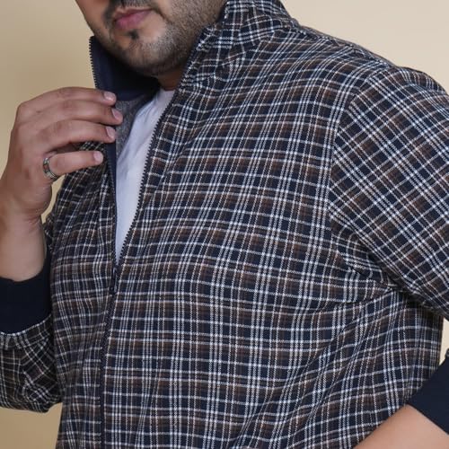 Image of JOHN PRIDE Plus Size Men Regular Checked Navy Blue Front-Open Mock Collar Sweatshirt(JPSWT75203)