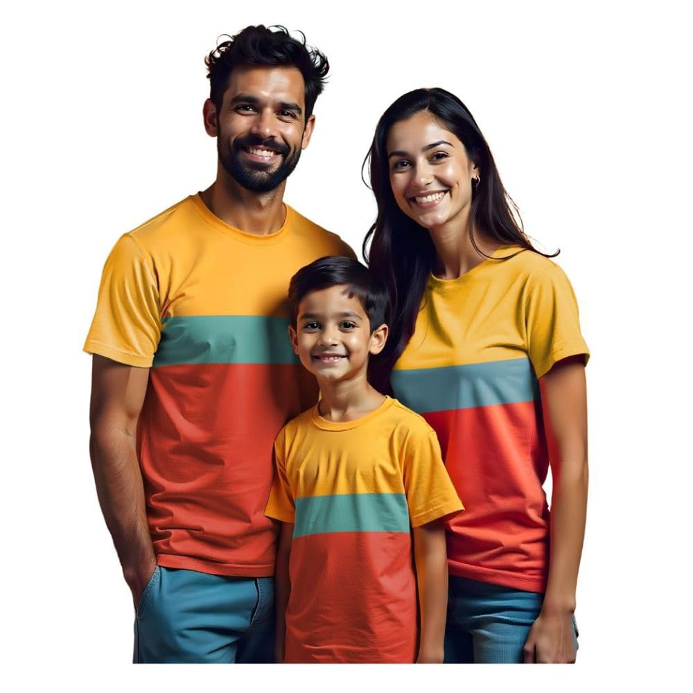 bouncy toonz Regular Fit Family Dress Set Matching 3 Husband Wife Matching Clothing T Shirts for 3 Mom Dad Son Daughter Outfit Twinning Clothes for Mother Father Kids Child (Family-cns-MustPblueOran)-picture-17