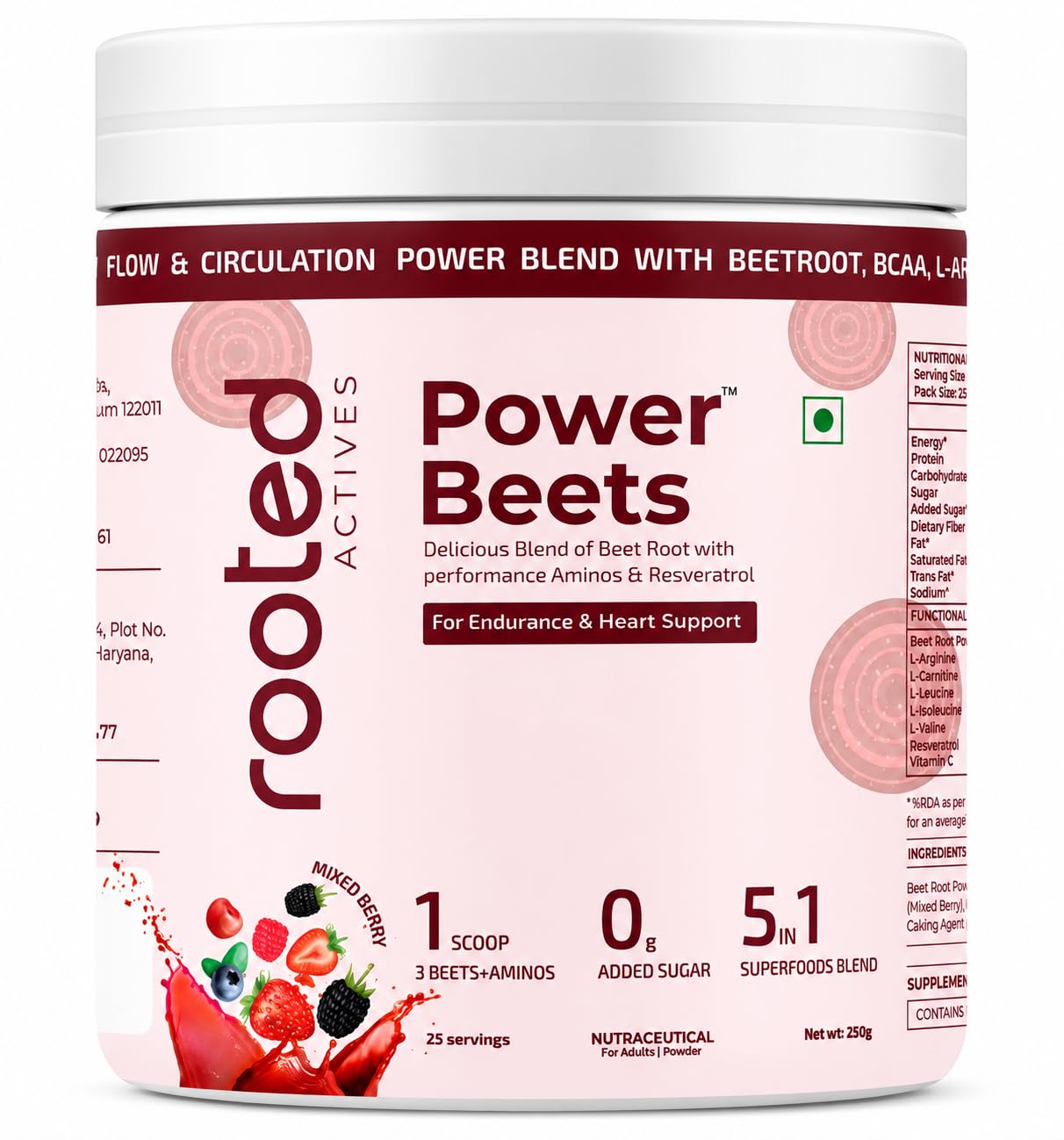 Rooted Active's PowerBeets - Beet Root Powder, Supports Nitric Oxide Production, Blood Pressure, Heart Health, Contains Non-GMO Beetroot Powder, Grape Seed Extract, BCAA, L-Arginine, L-Carnitine (250 Grams)-image-20