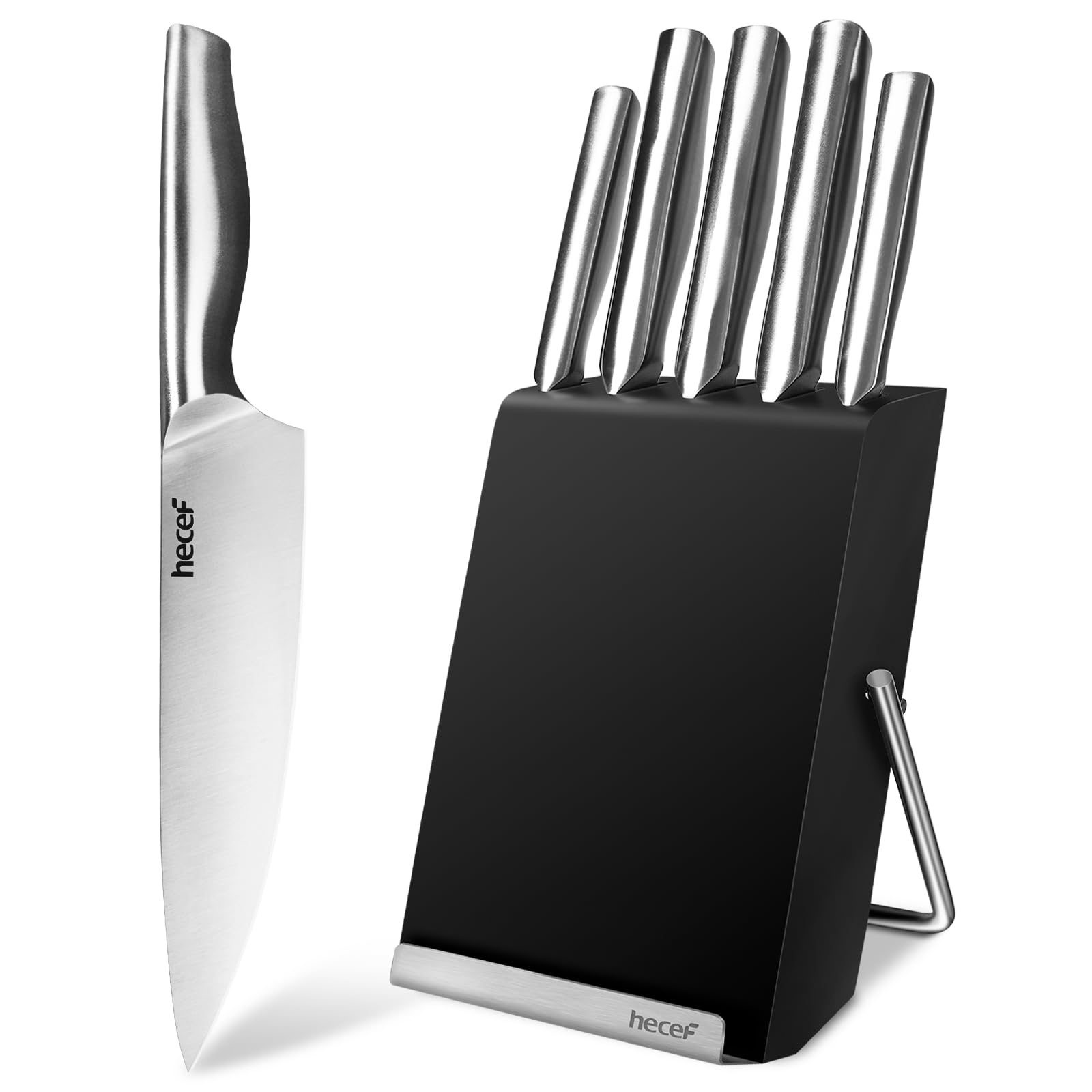 hecef Set Coltelli da Cucina Con Ceppo In Legno, 6 Pezzi Coltello da Cucina - Acciaio Inox, Conservazione Sicura, In Scatola Regalo - Set Coltelli Con Blocco Multifunzionale, Nero