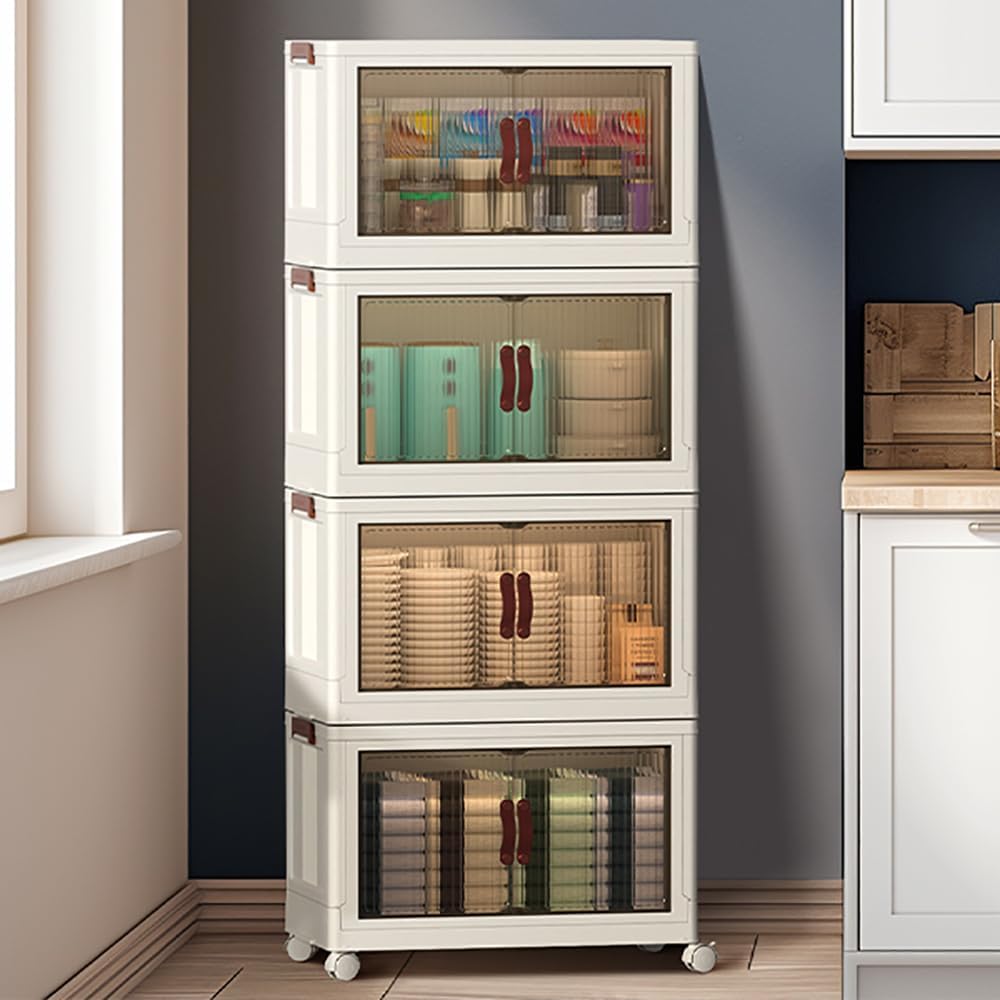 4-Tier Stackable Storage Bins with Lids & Open Front Design, Foldable Storage Bins with Wheels for Home Organization, Collapsible Space Saving Multi-Layer Storage Organizer, 35QT 35QT 4 Packs