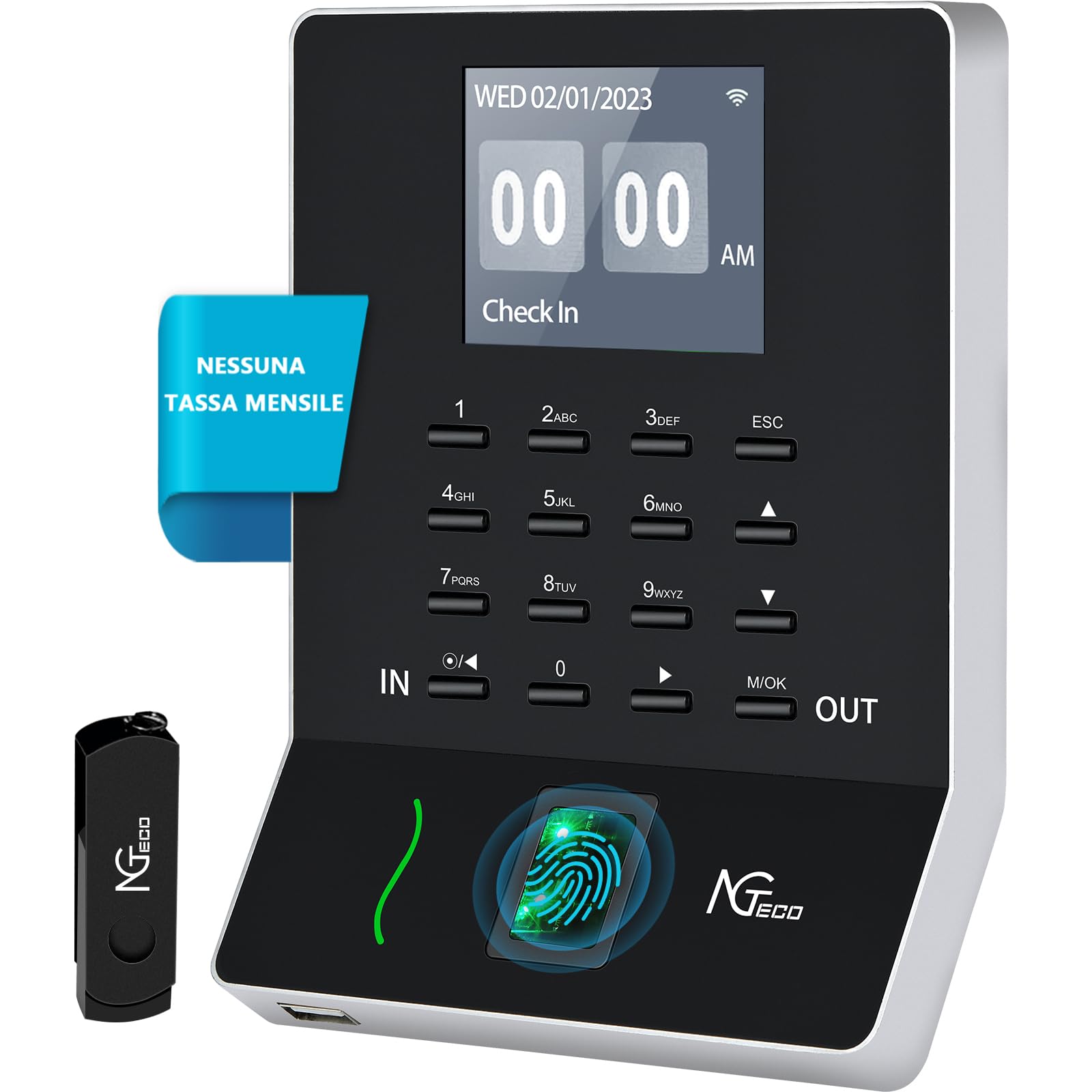 NGTeco WIFI Rilevazione Presenze W2, con verifica delle presenze tramite impronta digitale e lettore, fino a 50 utenti, app per iOS/Android (English)