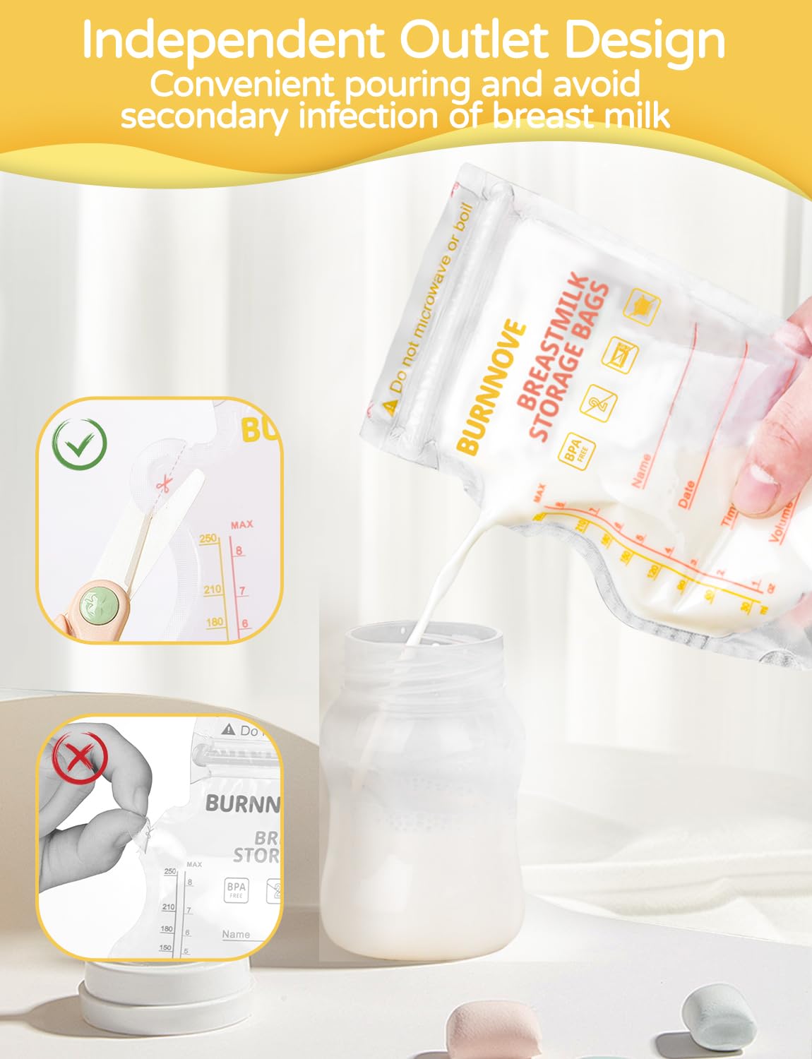BURNNOVE Breast Milk Storage Bags 130 Pack 250ml BPAFree Leakproof Double Zipper UltraDurable with EasyPour Spout WriteOn Labels - Image 3