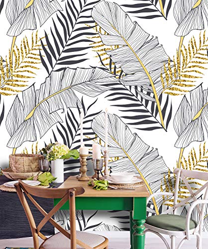 Removable Peel 'N Stick Wallpaper, Self-Adhesive Wall Mural, Watercolor Tropical Pattern, Nursery, Room Decor, Custom • Banana Gold Leaves (24"W X 96"H Inches) #TOP1