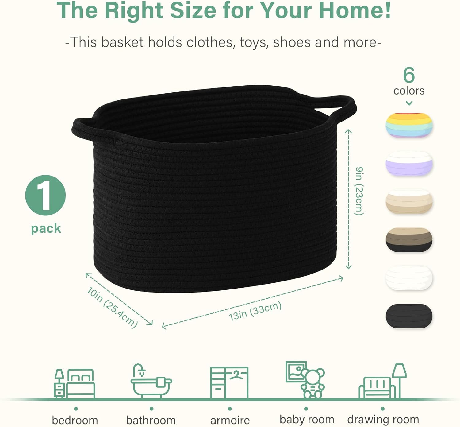 13"x10"x9" Cotton Rope Storage Basket, Woven Baskets with Handles for Organizing Home Office, Shelves, Nursery, Laundry, and Toys,Empty Gift Basket (Black, 1 Pack)