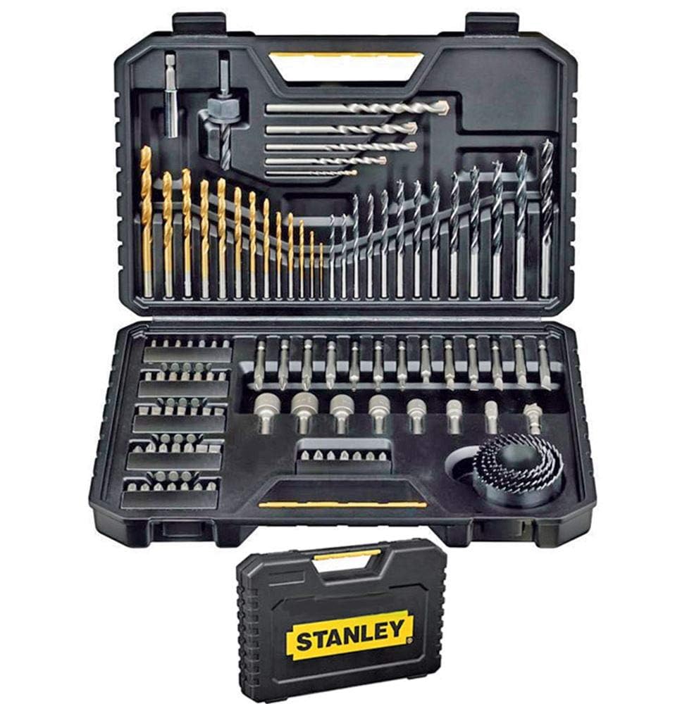 STANLEY Maletín de Mantenimiento 142 Piezas, Alicates y Cortapuntas, Llave & STA7205-XJ - Juego de Brocas (Taladro, Albañilería, Metal, Madera) Acero Inoxidable, Negro