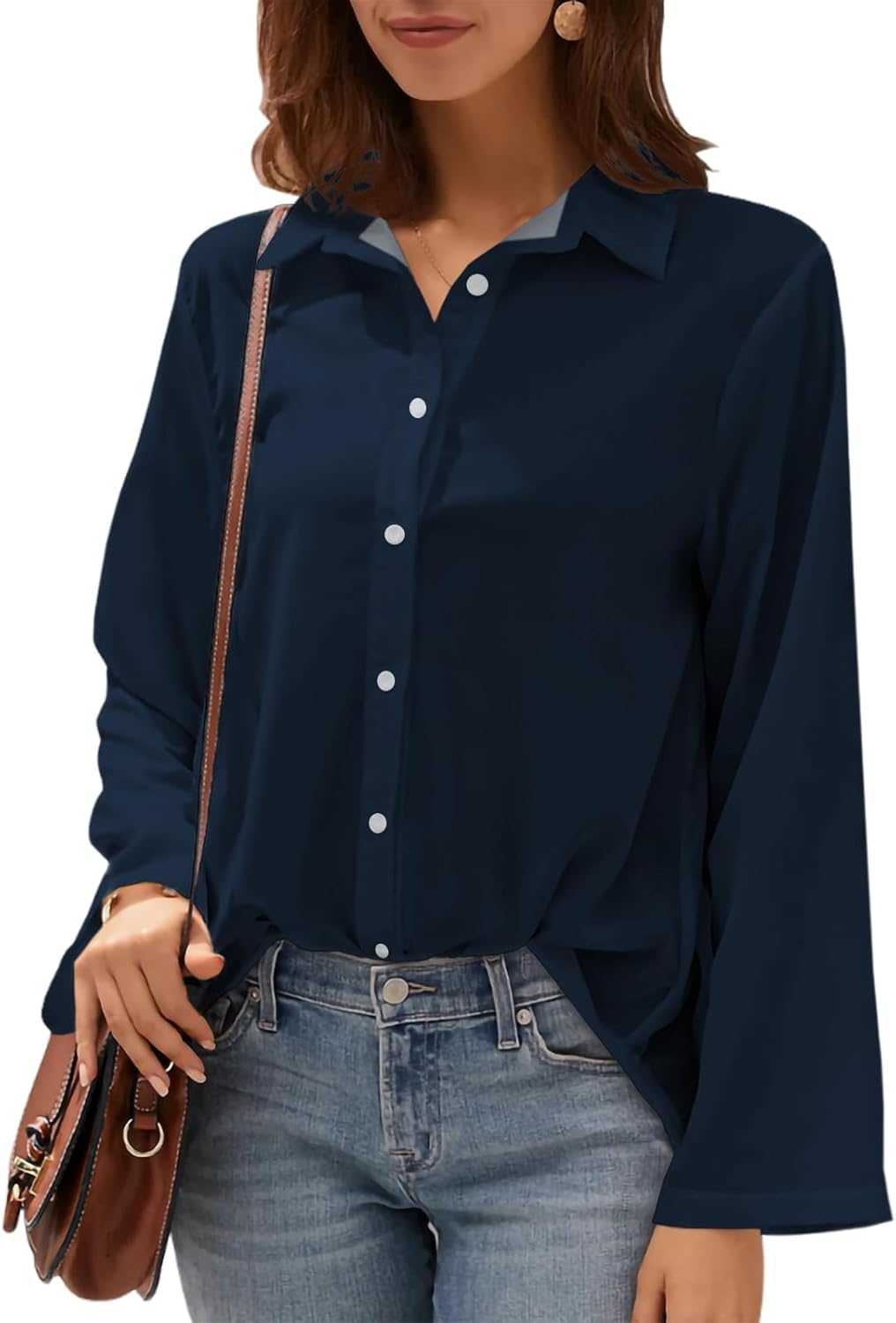 Womens Button Down Shirt Long Sleeve Collared Blouse Professional Office Work Elegant Formal Top