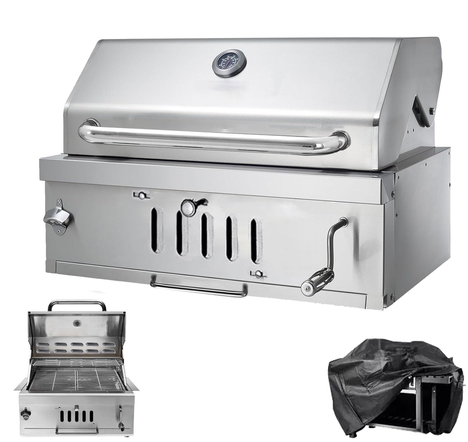 Large Charcoal BBQ Grills, Outside Built in Barbeque Grill with with Liftable Tray, Insulated Hood & Temp Gauge, Silver Stainless Steel Barbecue Grill for Outdoor Kitchen Cooking Patio Camping Park