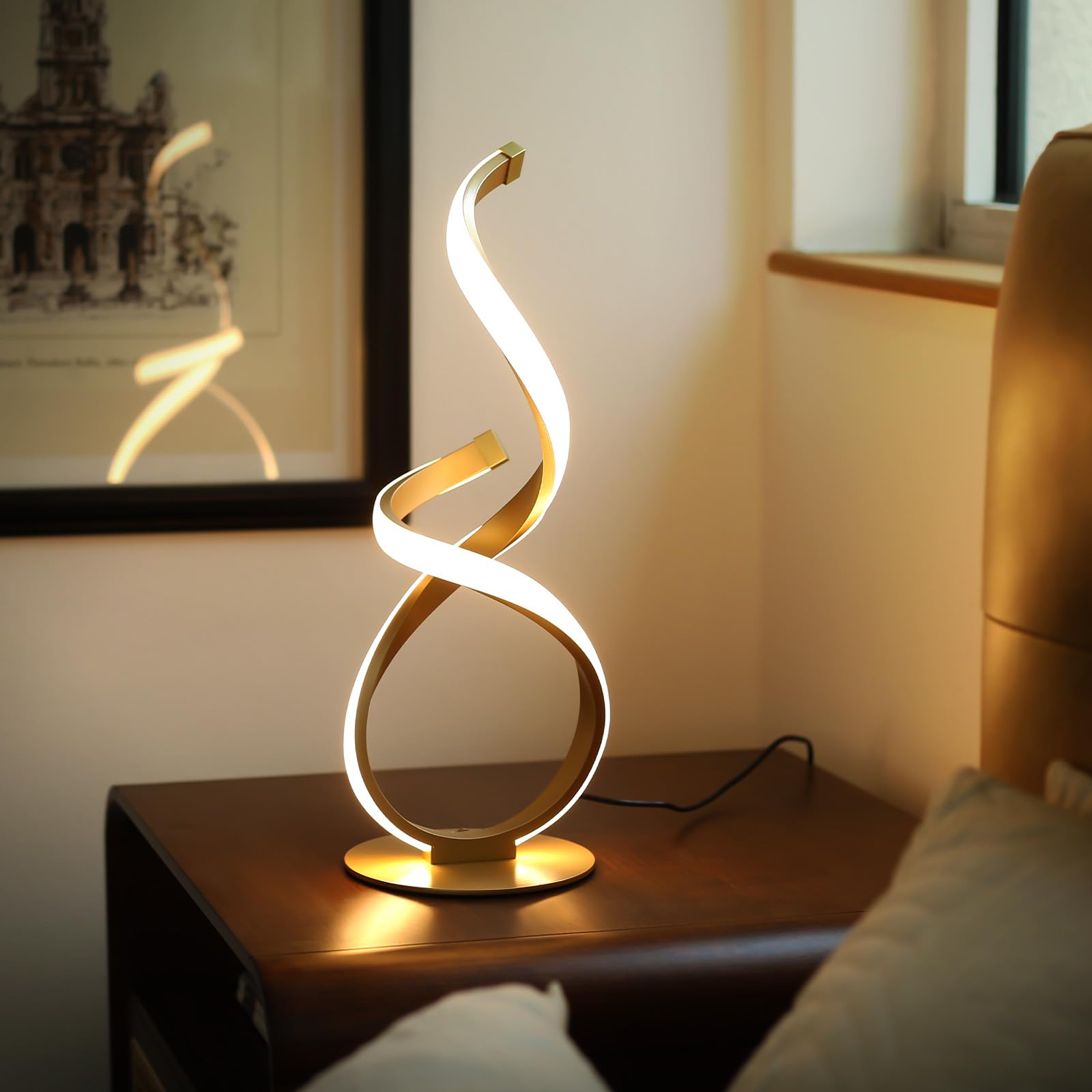 Paquete de 2 lámparas de mesa de noche, lámpara LED de escritorio en espiral, regulable al tacto, temperatura de 3 colores, luz moderna para mesitas de noche, luz lateral única para