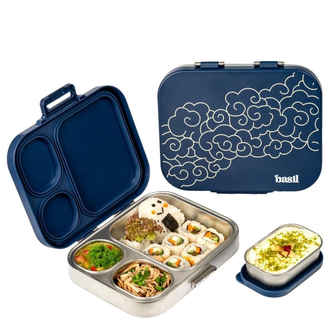 Basil Bento Box Quad Plus – 3+1 Compartment Stainless Steel Lunch Box (1020ml) with BPA-Free Lid | Leak-Proof Tiffin for Kids & Adults | Premium Lunch Box for School, Office & Picnic – Midnight Sora