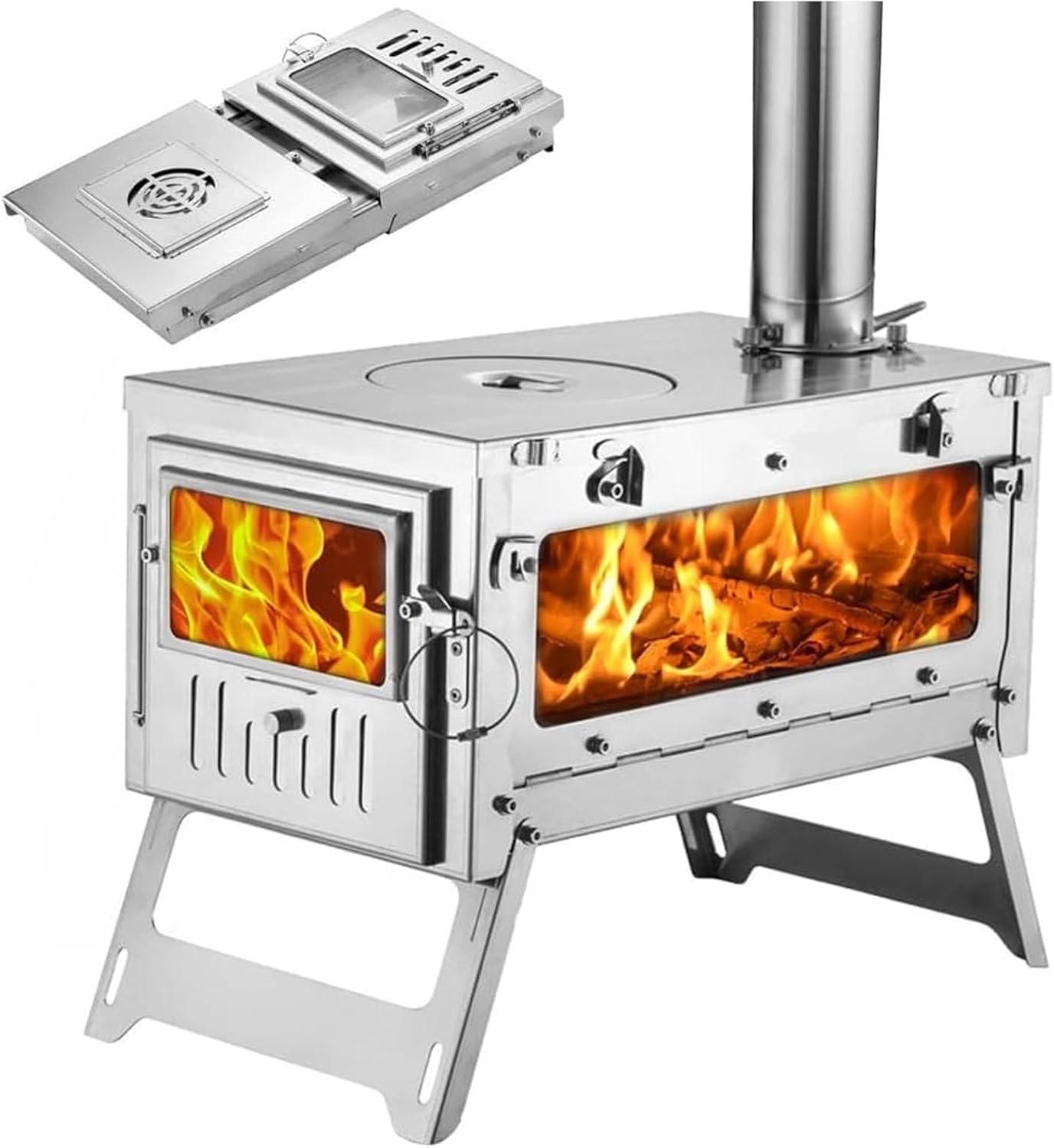 430ステンレス鋼薪ストーブ ソロキャンプ用 軽量0.6mm厚 キャンプストーブ 焚き火台 折り畳み式 アウトドア暖炉 3m煙突付き