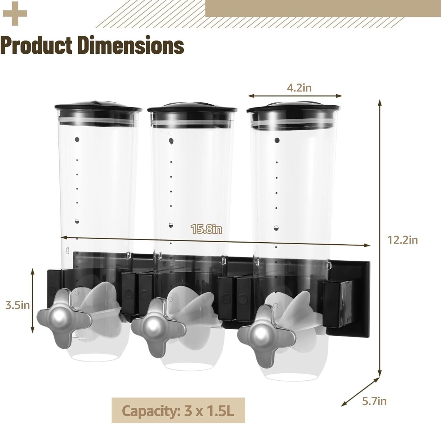 3-Chamber Wall-Mounted Cereal Dispenser, Clear 4.5 L Dry Food Storage Canister, Coffee Snack Dispenser, Wall Organizer For Kitchen Use