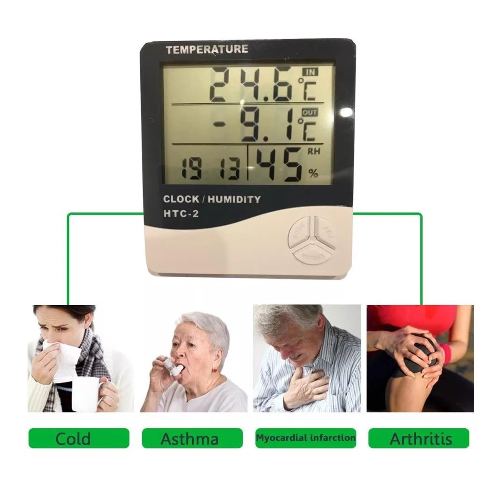 Termohigrómetro electrónico Digital LCD, medidor de Temperatura y Humedad, termómetro para Interiores y Exteriores, higrómetro, estación meteorológica, Reloj