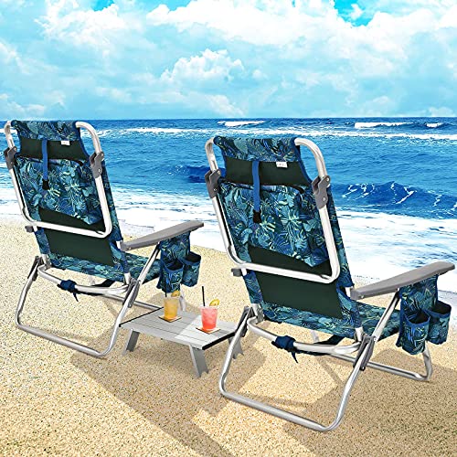 Image of Giantex Folding Beach Chair, Patio Sling Chairs with 5 Adjustable Position, Head Pillow, Storage Bag, Towel Bar, Cup Holders, Backpack Chairs for Sunbathing, Camping Chair