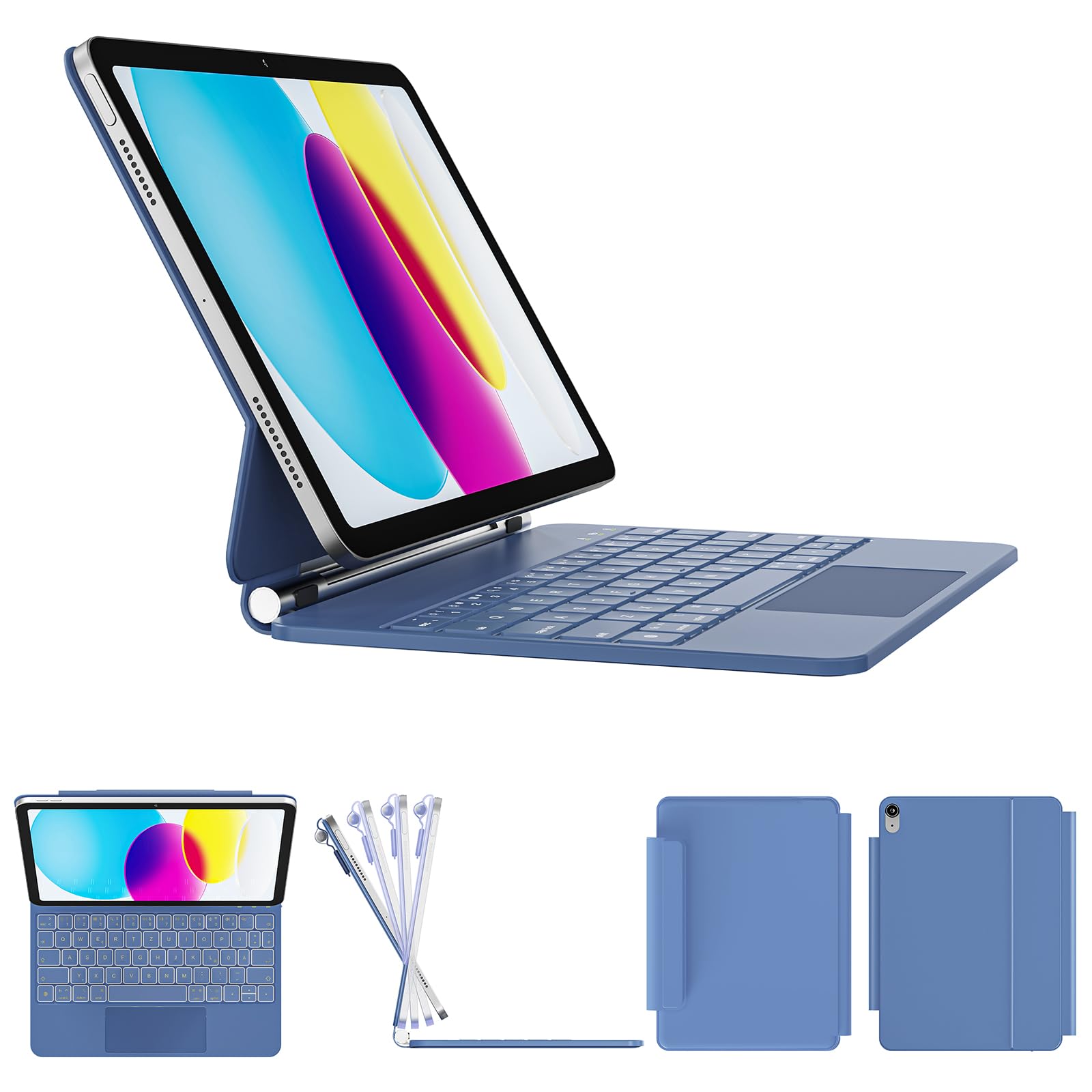 RAYMCRAFT für iPad (A16) 11th 2025/10th Generation Hülle mit Tastatur, Magic Keyboard für iPad 10.9" 2022, 11-Farben-Hintergrundbeleuchtung, Multi-Touch Trackpad, Magnetständer, Stifthalter, Stahlblau