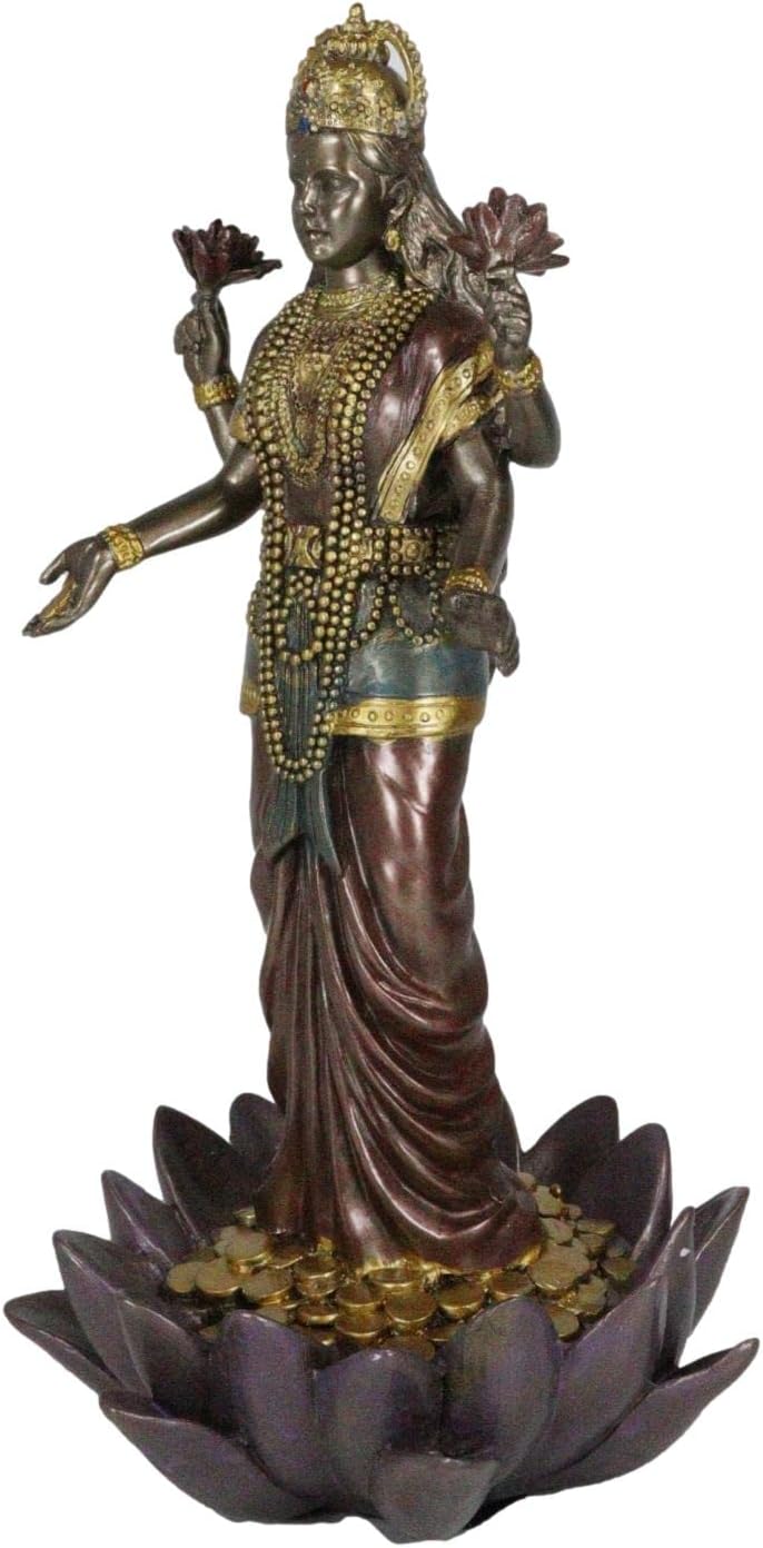 Ebros Gift Beautiful Hindu Goddess Sri Lakshmi Standing On Lotus Blossom Base with Gold Coins Statue Deity of Good Fortune Abundant Life Figurine Spiritual Well Being Sculpture