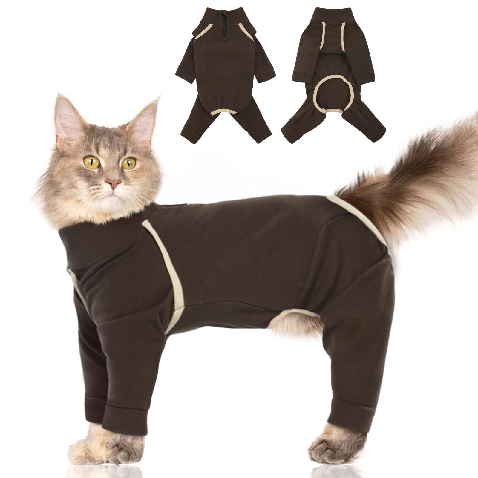 Cat Pajamas - Coffee, L - Prevents Hair Loss, Sticky Hair Clothes, Sphynx Clothes, Anti-Licking or Skin Disease Recovery Suit for Female Cats, Pet Apparel Onesie