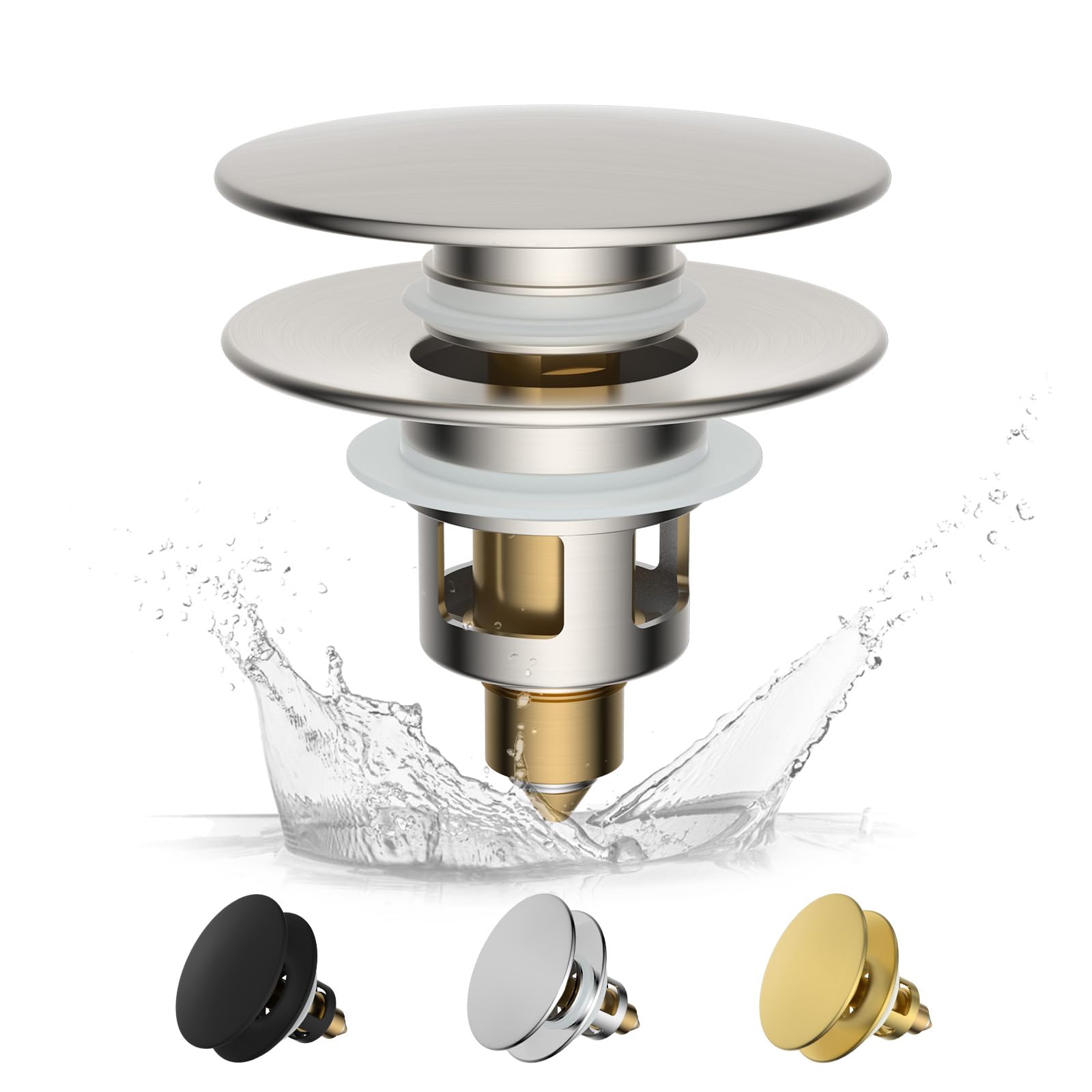 Hibbent Pop-Up Sink Plug with Drain Strainer, Brass Core Brushed Nickel