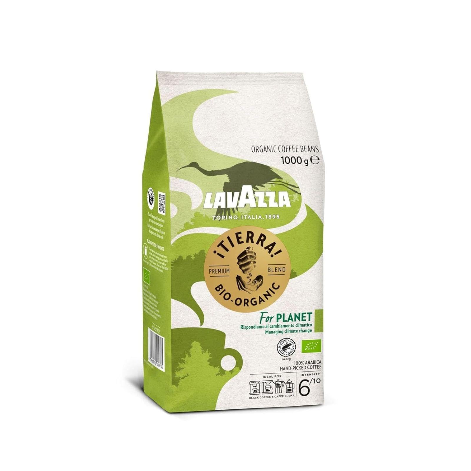Lavazza, Tierra For Planet, 100 % Bio-Arabica Kaffeebohnen, Ideal für Espressomaschinen, Milder Geschmack, Intensität 6/10, Fruchtige & Blumige Aromen, Leichte Röstung, 1 kg Packung