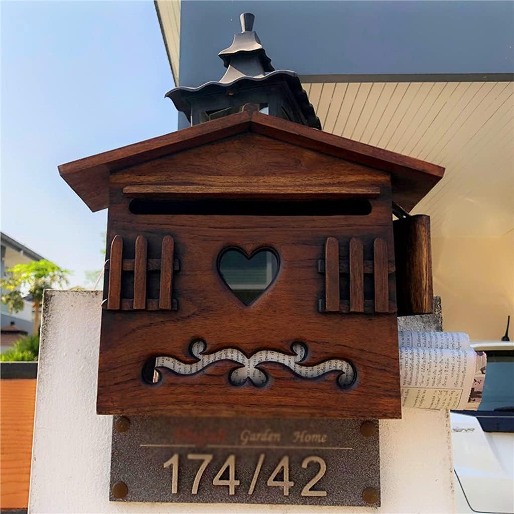 mailbox Wall-Mount Mailboxes Wall-Mounted Locking Villa Wooden Letter Box, Opinion Report Box Rural Outdoor Wall-Mounted Rainproof Retro Box (Color : Brown, Size : 32×12×26cm)