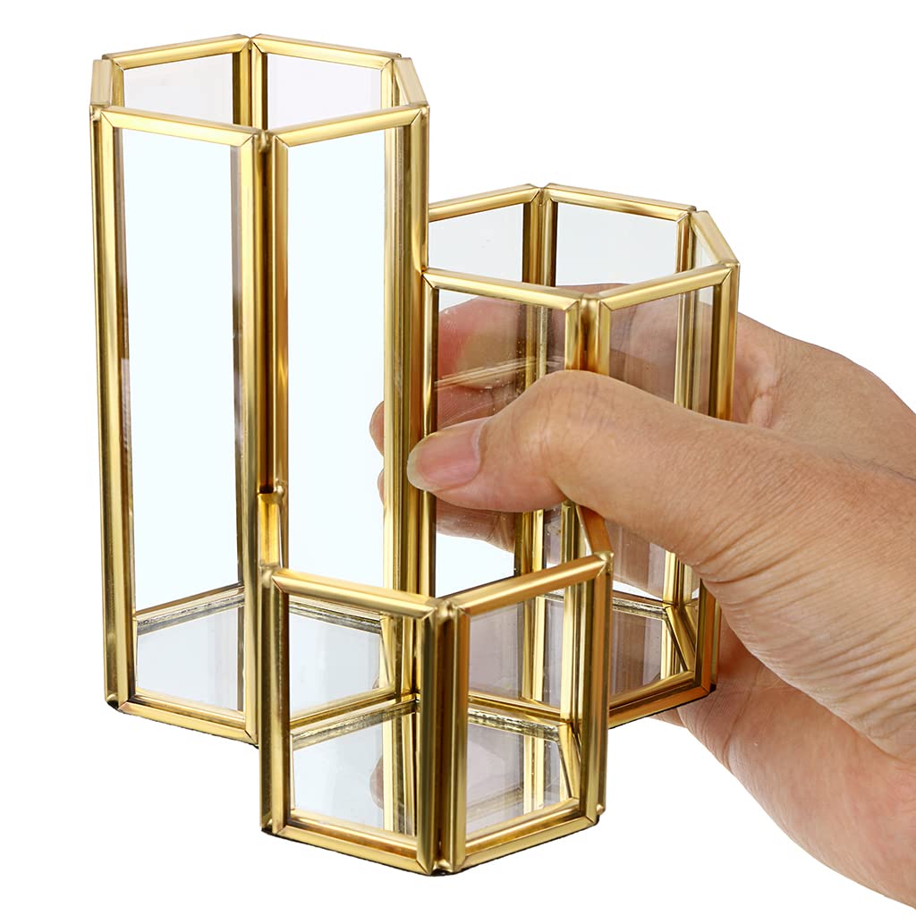Hipiwe 3-Slot Hexagon Glass Organizer with Gold Metal Frame