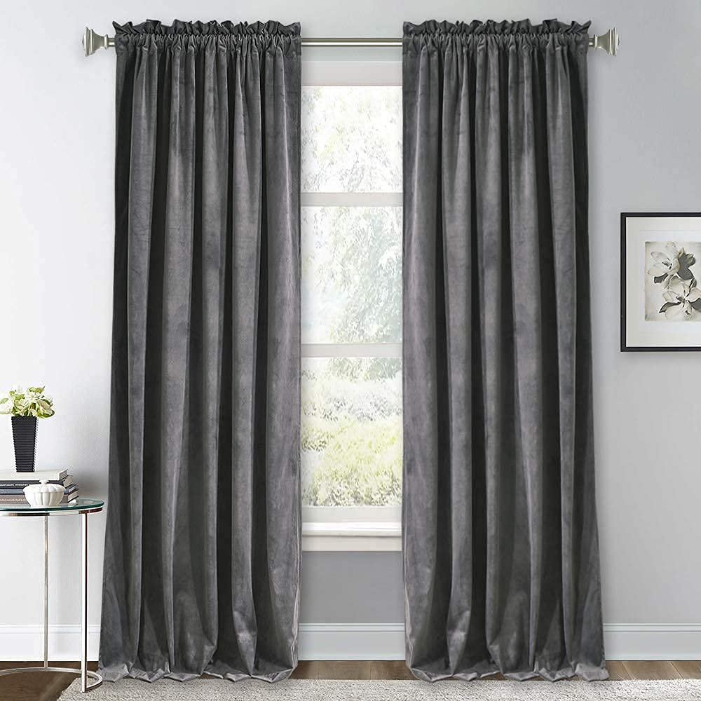 RYB HOME Grey Velvet Curtains 96 inches - Soft Blackout Curtains for Living Room, Energy Saving Window Drapes Darkening Panels for Bedroom Studio Library, 52 x 96 inches Long, 1 Pair