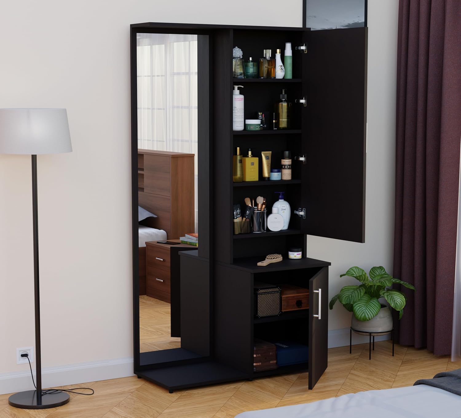 WOODCLOUD Engineered Wood Dressing Table with Mirror, Black Wenge Finish, Shelves and Door Storage, 180x86x38 cm, for Bedroom (Black Finish)-image-49