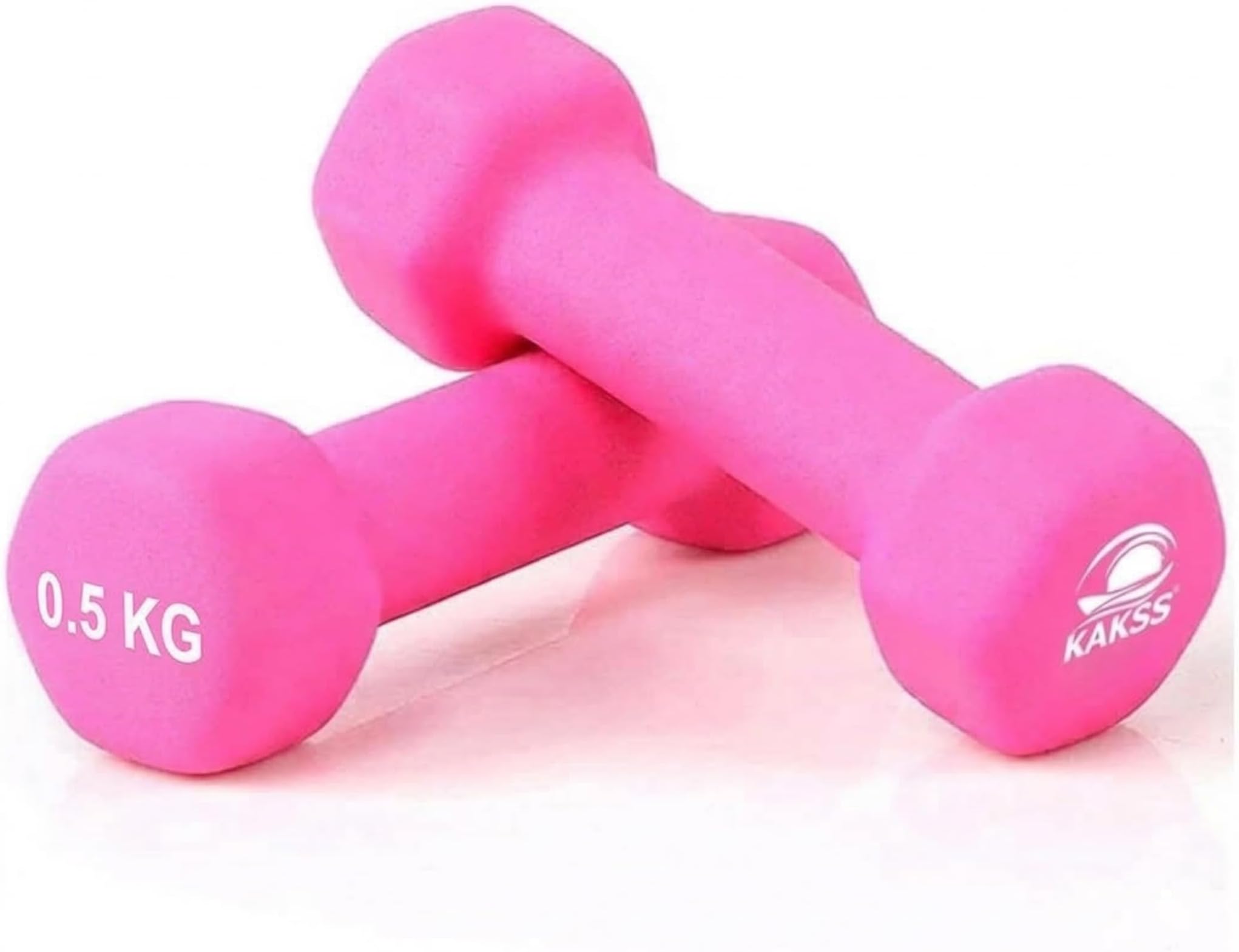 KAKSS Neoprene Dumbbells Set, 0.5kg Pair (2 x 0.5kg), Pink Hex Dumbbells with Easy-Grip Coated Finish, Cast Iron Hand Weights for Home Gym Equipment and Fitness Training for Women and Men