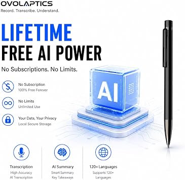 AI Voice Recorder Pen with Transcription & Summary, Smart Audio Recording Device, AI Note Taking Assistant, Multi-Language Translation, Lifetime Free Membership, Portable Business Recorder