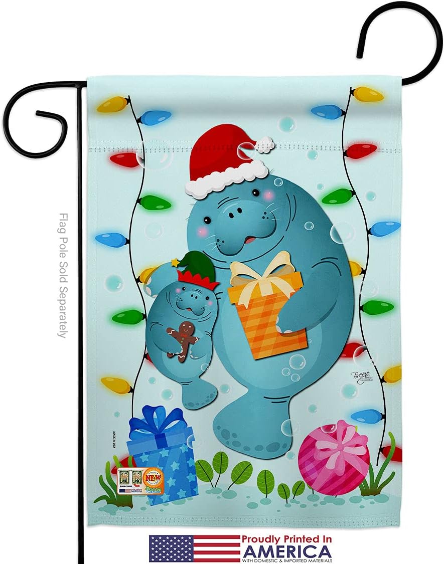 Manatees Christmas Garden Flags 2pcs Pack Animals Sea Creature Nautical Ocean Fish Outdoor Summer Marine Small Decorative Gift Yard House Banner Made In USA 13 X 18.5