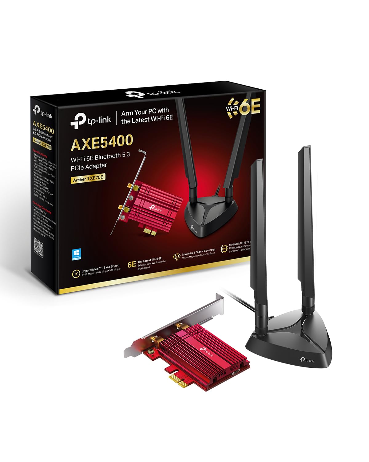TP-Link Archer TXE75E Wi-Fi 6E WLAN PCIe Network Card with Bluetooth 5.2, 5400 Mbps, WPA3, Inter Wi-Fi 6E Chipset with 2 Removable Antennas, Win 11/10