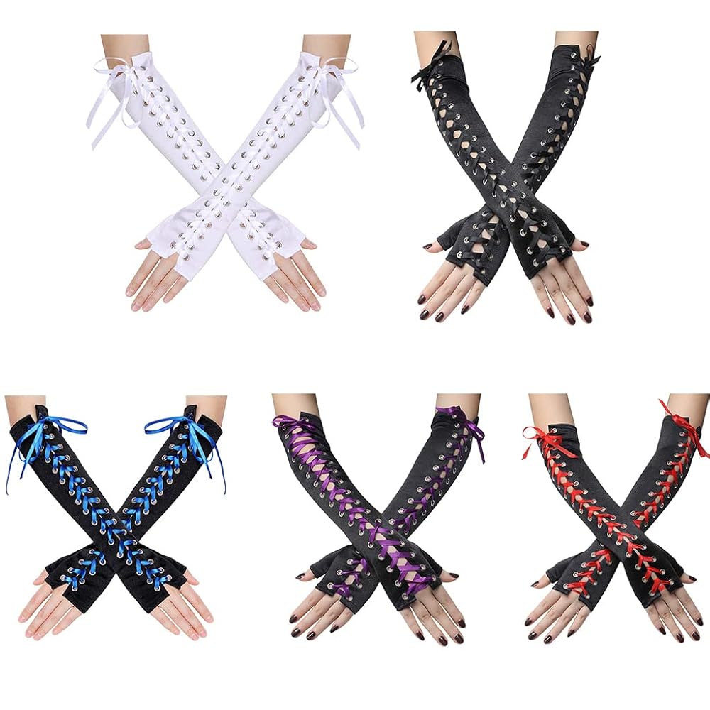 Yuly Lace Up Half Finger Gloves Long Elbow Length Gloves