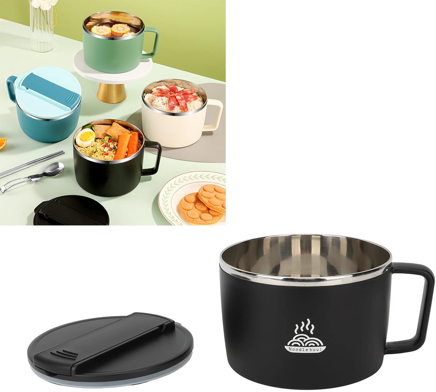 TOPINCN Ramen Bowl Set, Microwave Noodle Bowl Phone Slot for School (Black)