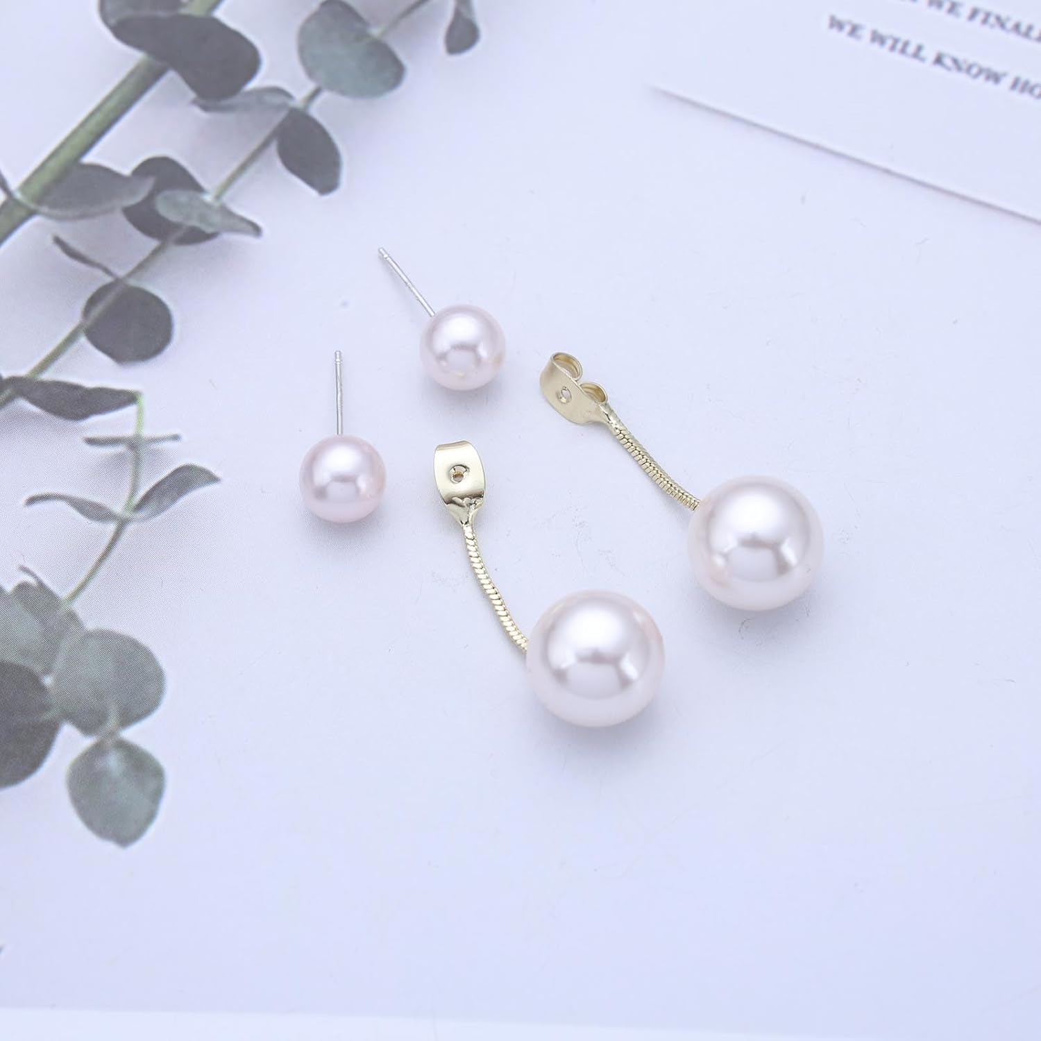 Vintage Pearl Drop Earrings Gold White Pearl Ear Jacket Earrings Double Pearl Stud Earrings Round Pearl Dangle Earrings Pearl Wedding Bridal Earrings Jewelry for Women - Image 4