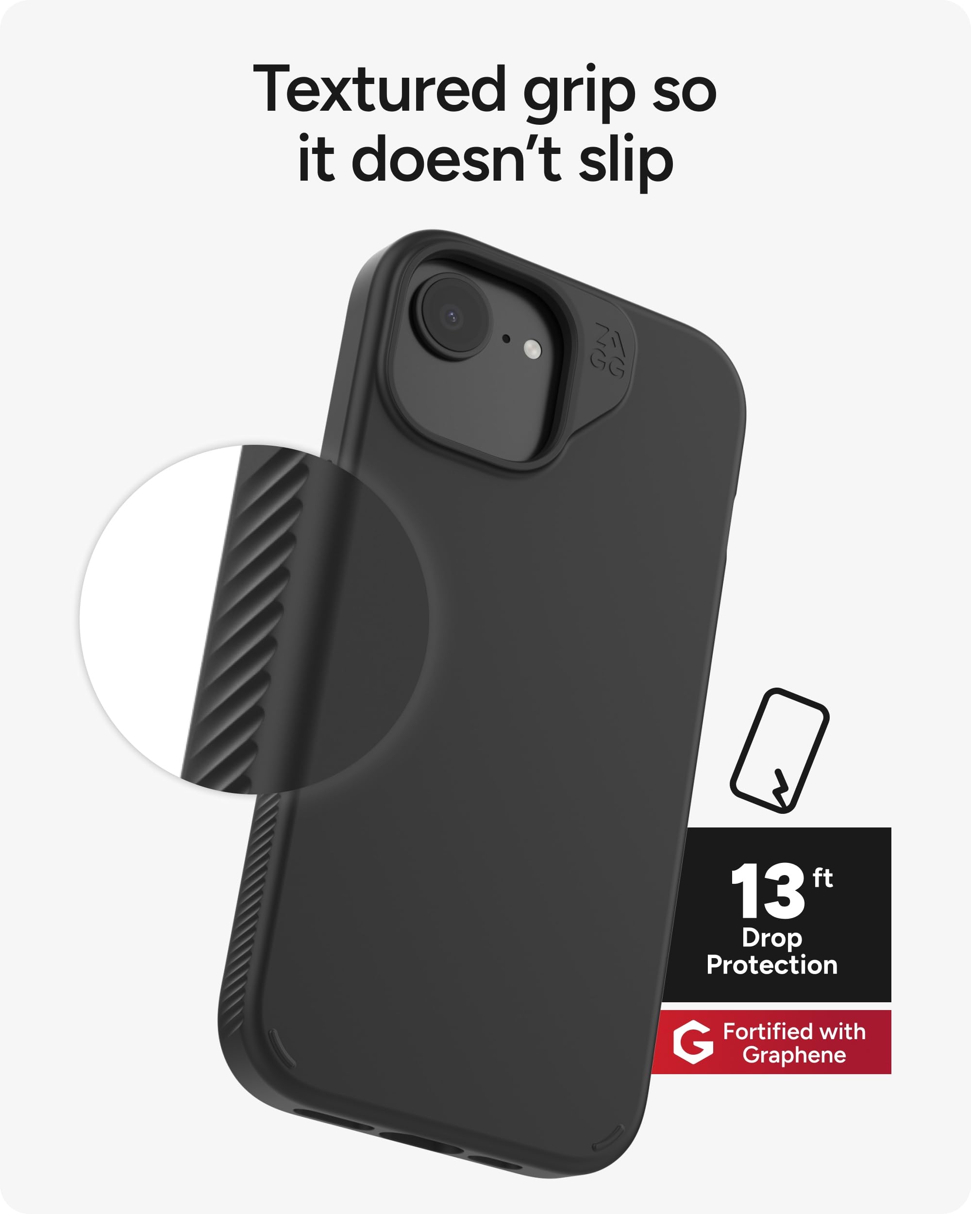 ZAGG Milan Custodia per iPhone 17 / 16 / 15 / 14 / 13 - Sottile ed elegante, protezione contro le cadute da 4 m, rinforzata con grafene, presa sicura, materiale riciclato all'84%, colore: nero