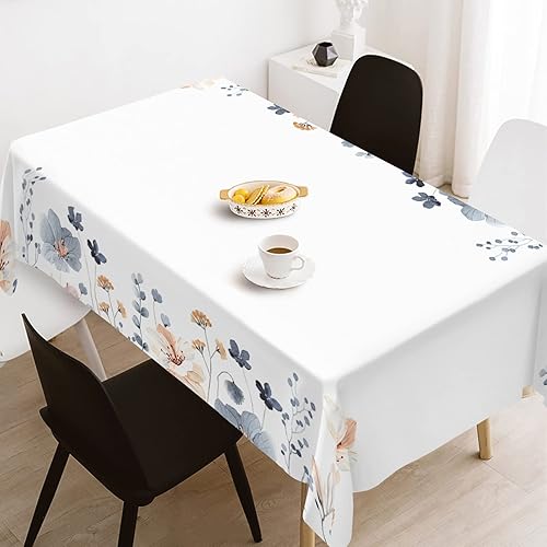 Miniatura 4 de Blue Beige Flowers Fabric Waterproof Tablecloth,Rectangle Watercolor Wrinkle Oil-Proof Resistant Table Cover for Dining Table, Modern Minimalist
