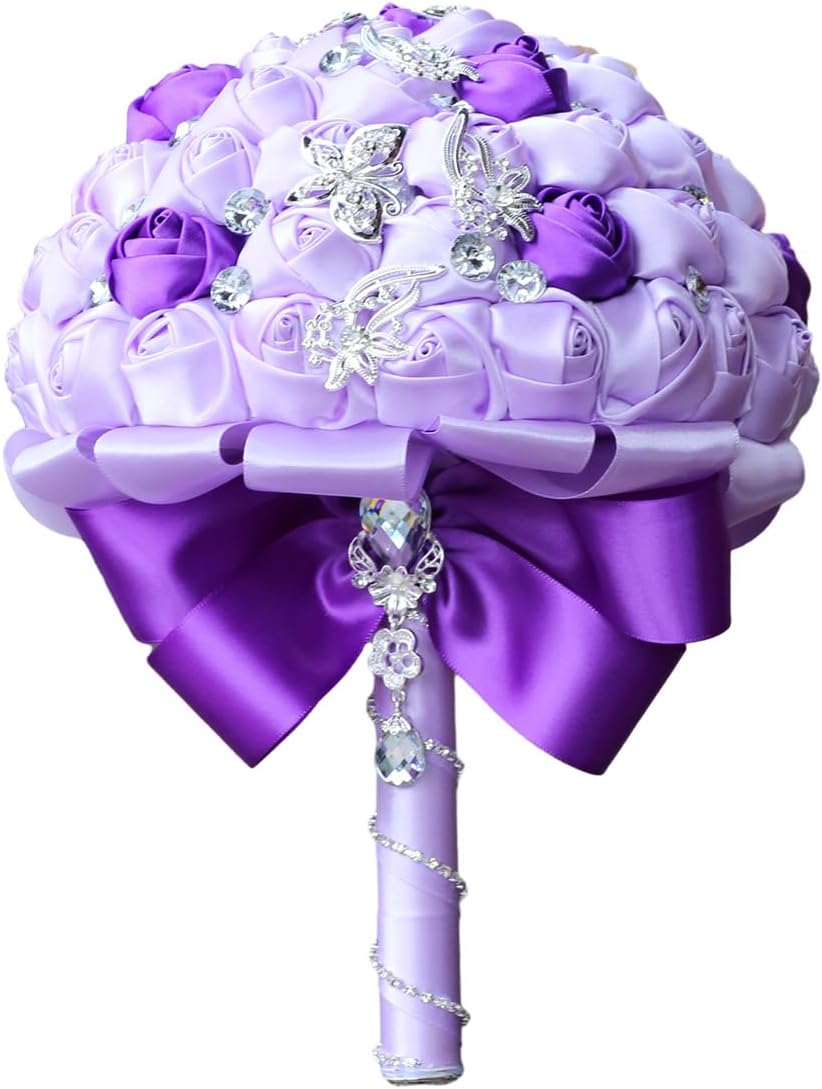Sharebeauty 5.9" Handmade Satin Rose Mini Bridal Bouquet Toss Round Wedding Bouquet Throw Toss Artificial Flower Bunch Light Purple + Purple