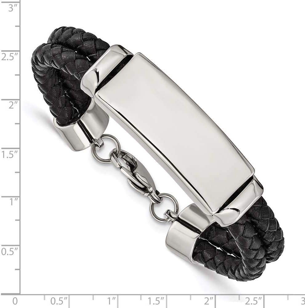 Polished Engravable Personalized Custom Stainless Steel Polished Black Woven Leather Multi Strand ID Bracelet For Men Length 8.25 inches Width 15 mm With Lobster Claw Clasp