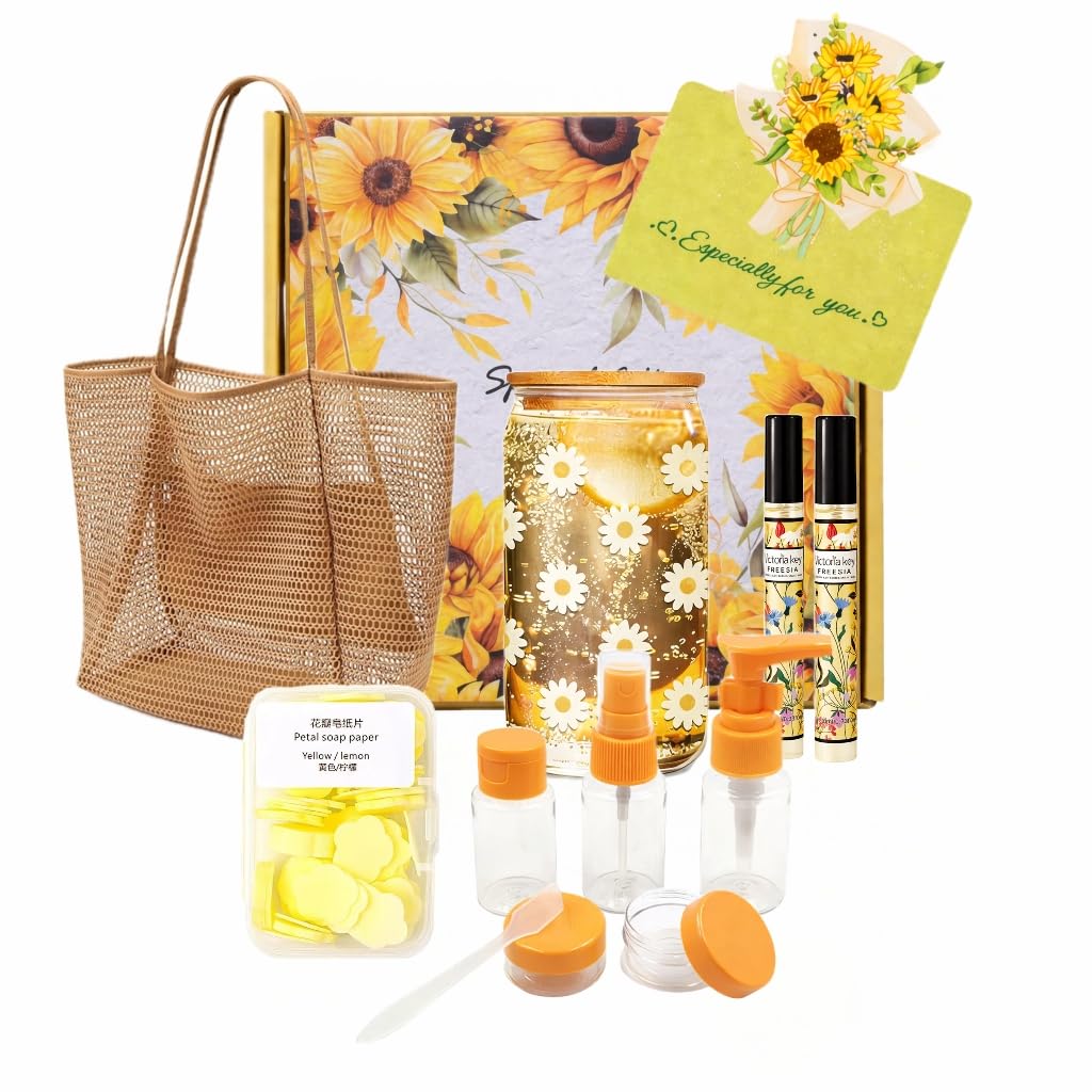 Sunflower Gift Set for Women, 8-Piece Self Care Basket with Tote Bag, Glass Cup, Perfume, Travel Bottles, Compact Mirror and Greeting Card, Birthday Gifts for Women, Mom, Sister, Best Friend