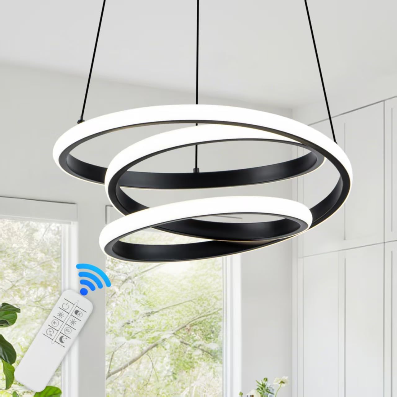 Mayful Modern Chandelier with Remote Control, 3-Color Dimmable LED Pendant Light Fixtures, Height Adjustable Kitchen Island Lighting for Dining Room,Bedroom,Living Room,Foyer,Office Black 13.78 inches