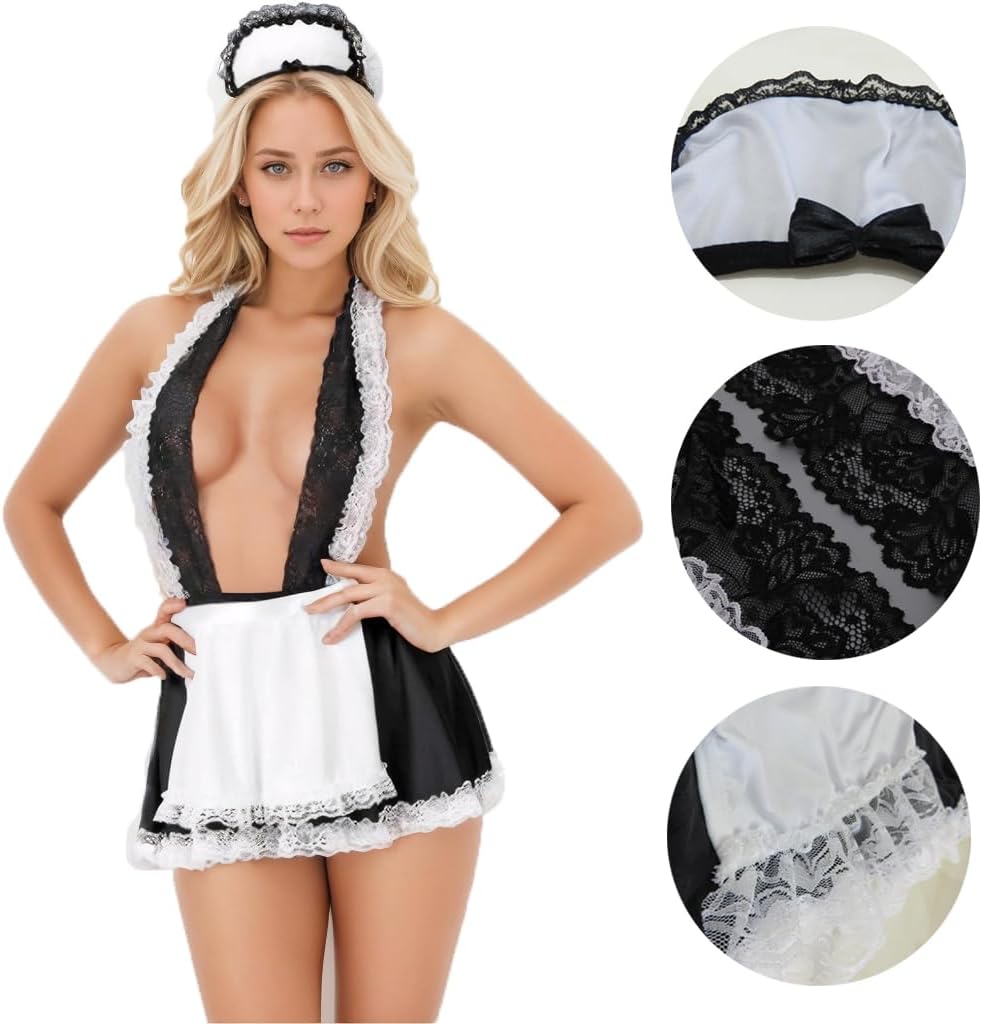 Sexy Maid Outfit for Womens French Maid Costume Roleplay Lingerie Naughty Servant Uniform Lace Trim Mesh Babydoll - Image 3