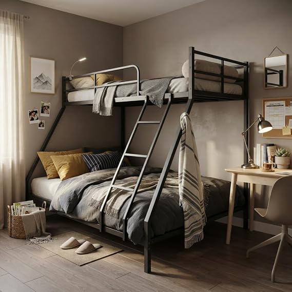 Sweiko Lit Superposé Compact Gain de Place Métal Noir 80x190 cm (Haut) / 130x190 cm (Bas)